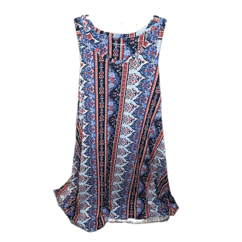 Soft Surroundings Sz 3X Santiago Blue Red Floral Side Pockets Boho Trapeze Dress